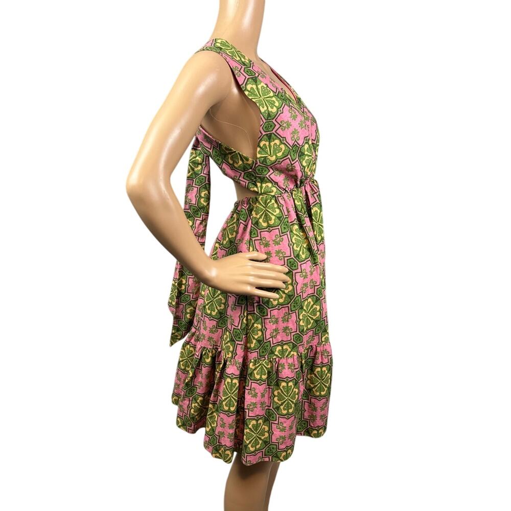 House Of Harlow Linen Blend Sun Dress Open Back Retro Print Size S Resort Vacay - Picture 3 of 8